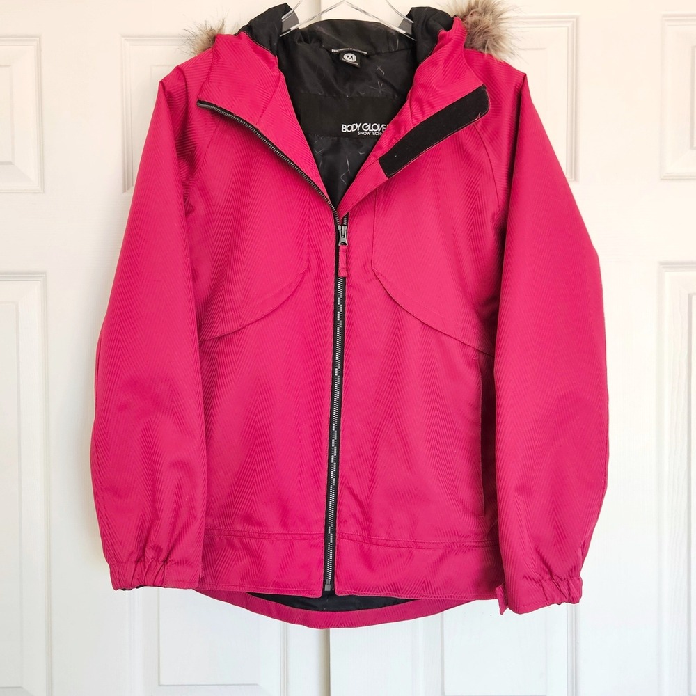Body Glove Womens Pink Chevron Ski Jacket Faux Fur Hood‎ Snow Coat Size Medium